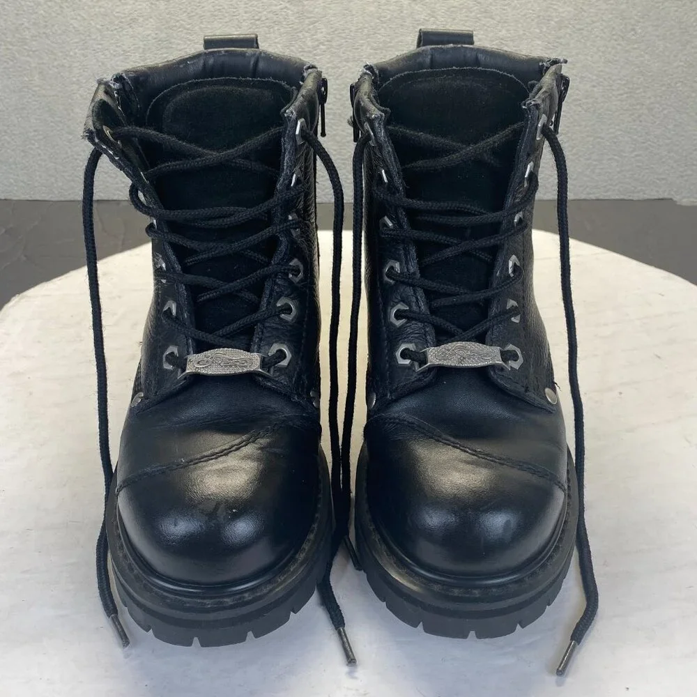 River Road Chunky Motorcycle Booties Size 6 Black Leather Double Zip Biker Boots - Picture 2 of 15